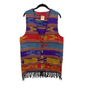Chico's Vintage 90s Wool Vest 2 US L Colorful Festival Boho Southwestern Fringe